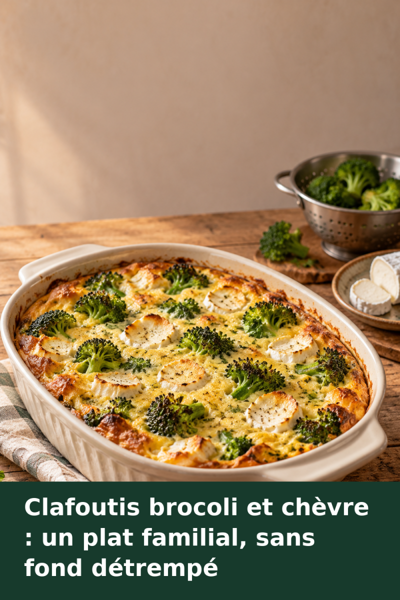 Clafoutis salé doré dans un plat familial, garni de fleurettes de brocoli et de morceaux de chèvre