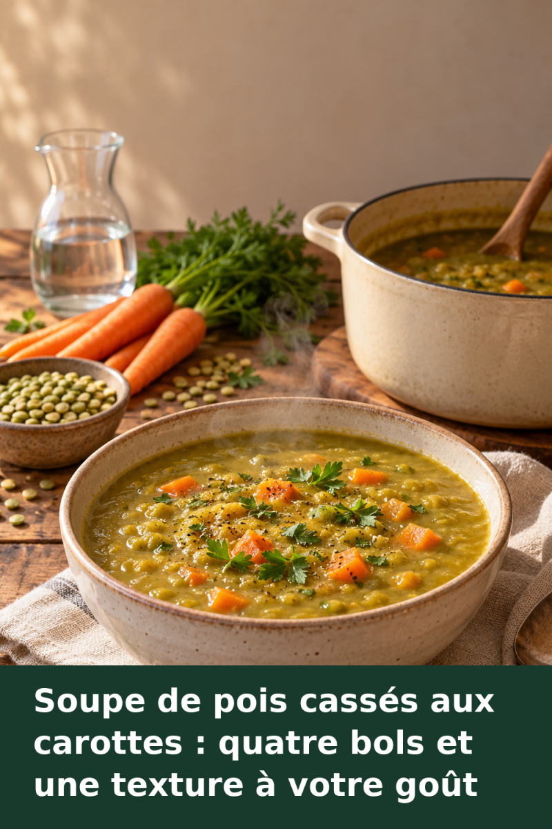 Soupe épaisse de pois cassés aux carottes dans un bol, avec des morceaux de carotte et du persil