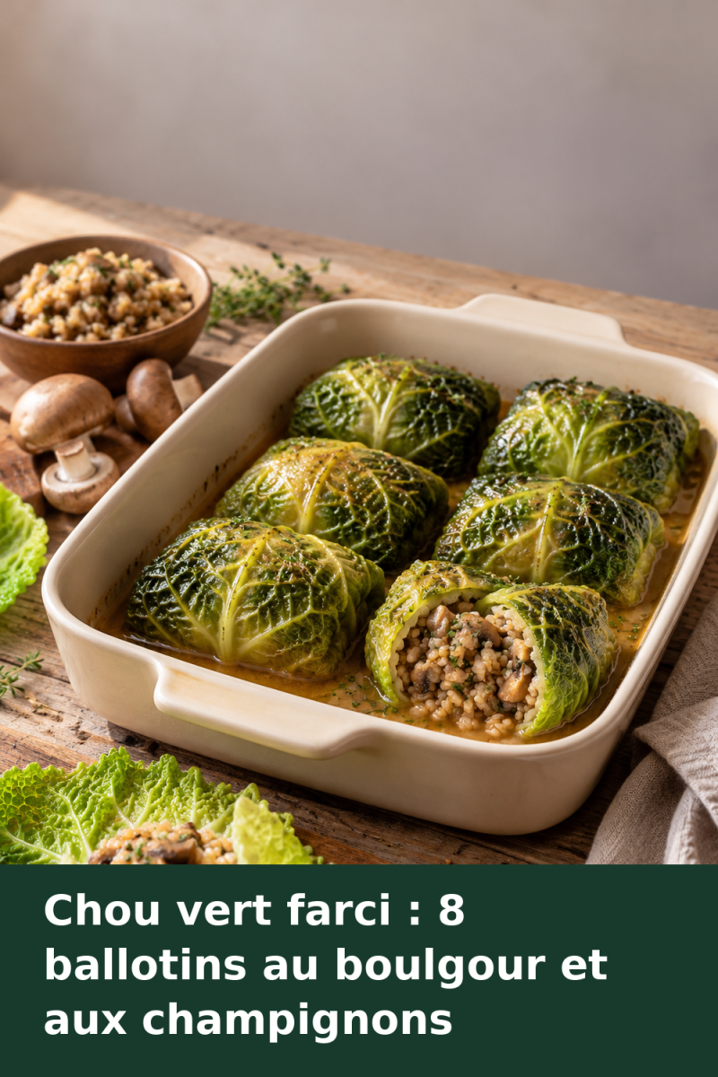 Ballotins de chou vert farcis au boulgour et aux champignons, disposés dans un plat avec du bouillon