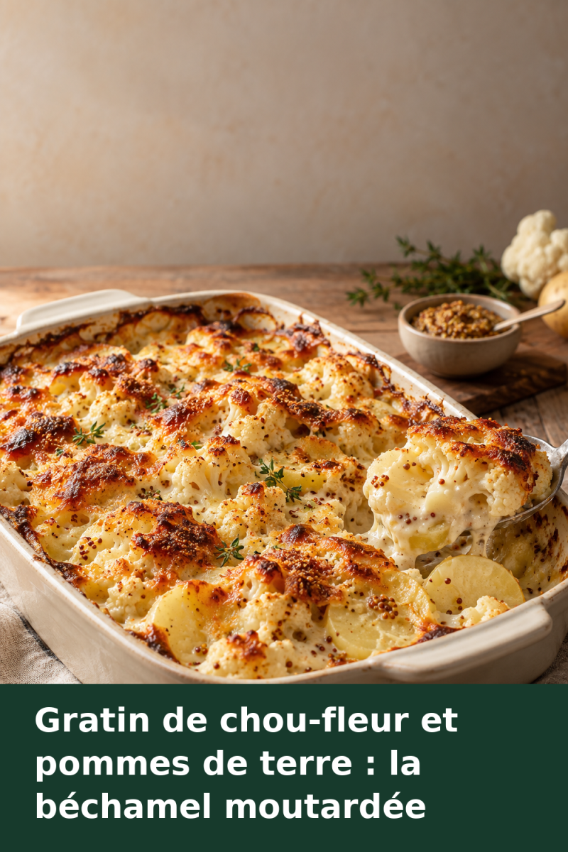 Gratin doré de chou-fleur et pommes de terre nappés de béchamel à la moutarde dans un plat à four
