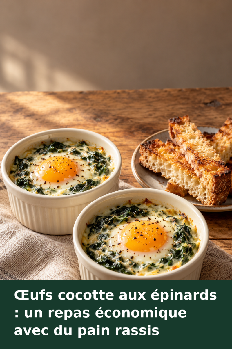Deux ramequins d’œufs cocotte aux épinards et à la crème, accompagnés de mouillettes de pain dorées.