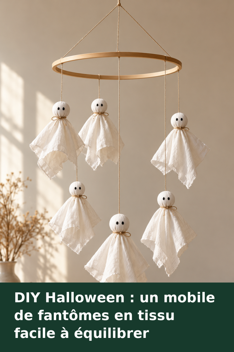 Mobile composé de six fantômes en tissu blanc à différentes hauteurs, suspendus à un cercle en bois par des fils