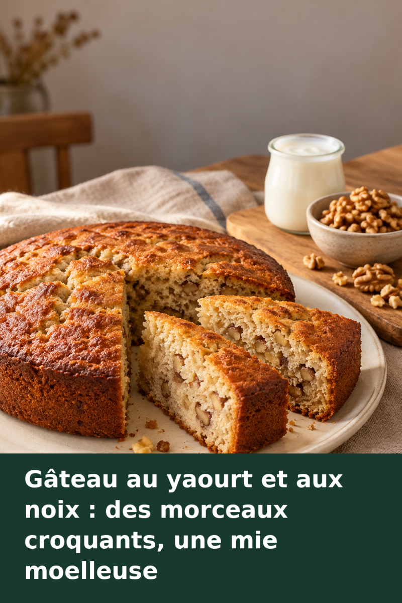 Gâteau au yaourt et aux noix découpé en parts, avec des morceaux de noix visibles dans la mie