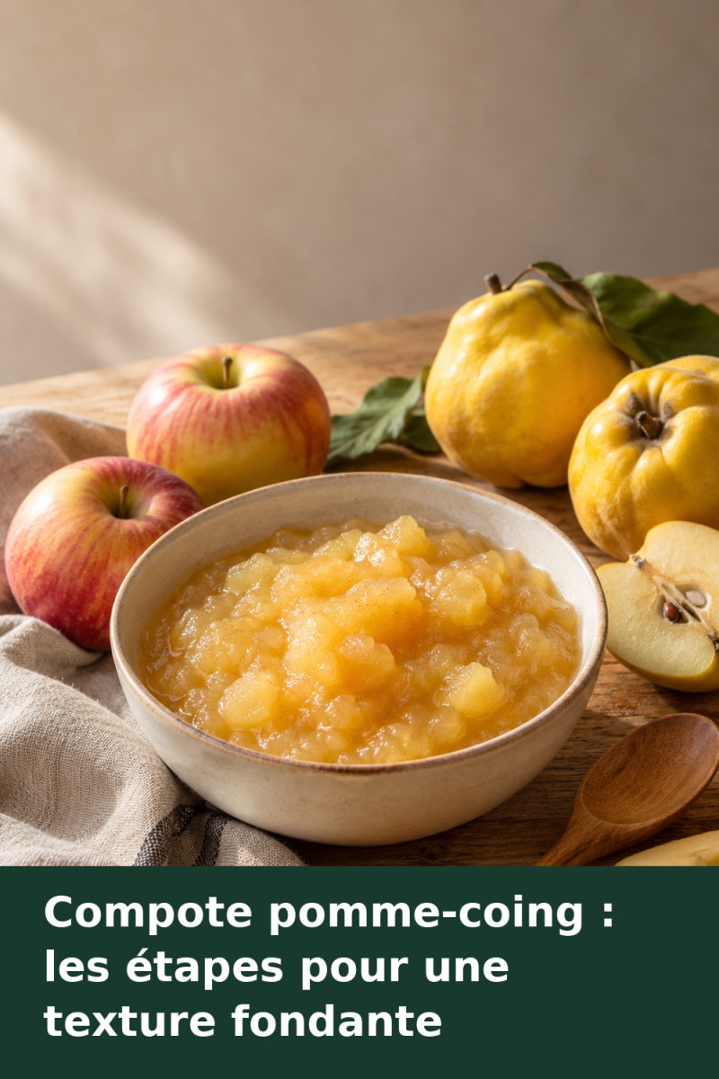 Compote pomme-coing dorée dans un bol, accompagnée de pommes et de coings entiers