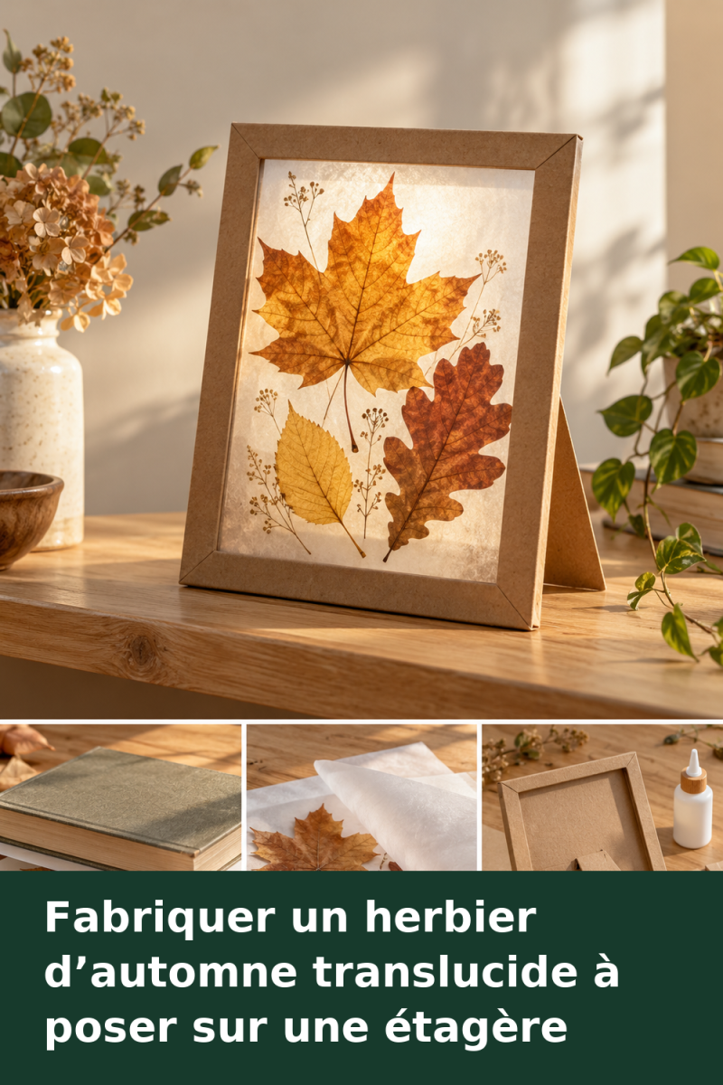 Herbier de feuilles d’automne entre deux feuilles de papier calque, encadré de carton brun avec un pied arrière.