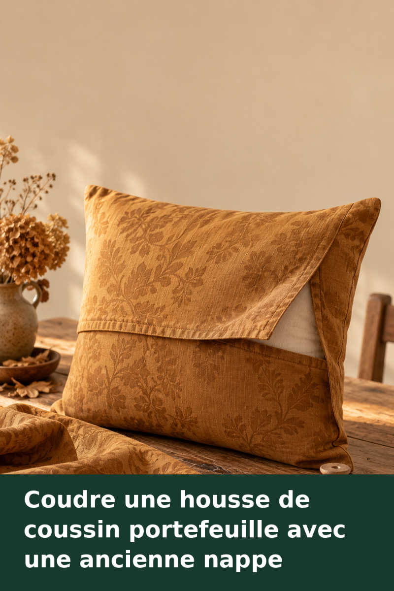 Housse de coussin ocre confectionnée dans une ancienne nappe, avec deux pans superposés au dos
