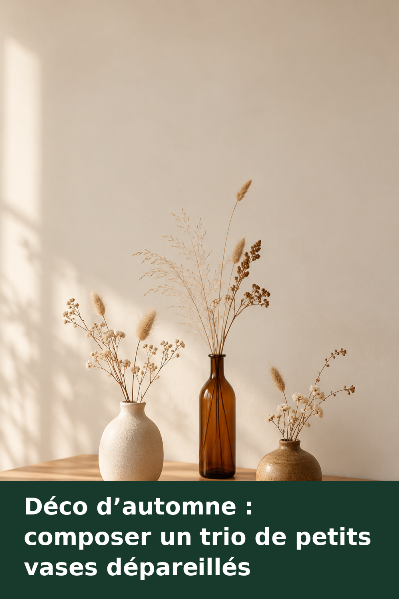 Trois petits vases dépareillés sur un buffet, garnis de fleurs séchées crème, ocre et brun, avec des tiges espacées.
