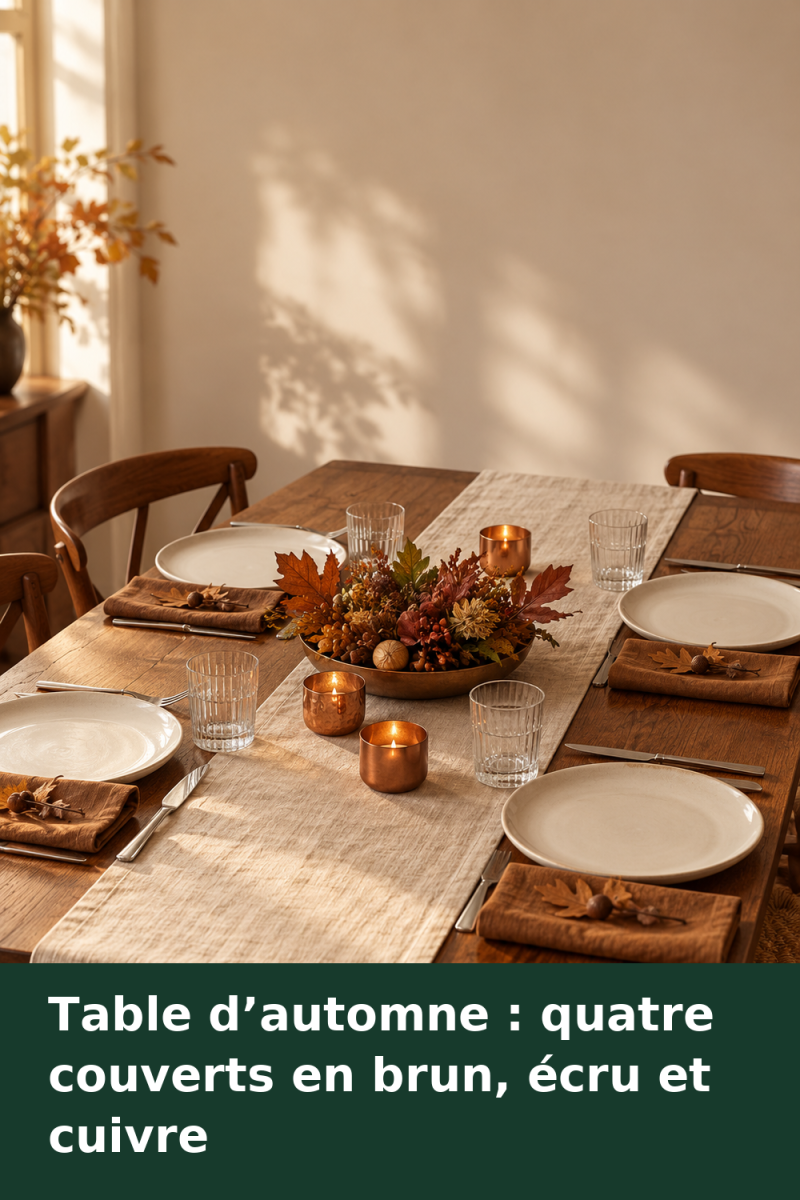 Table dressée pour quatre avec assiettes unies écrues, serviettes brunes, chemin de table plié et petites touches cuivrées autour d’un centre bas.