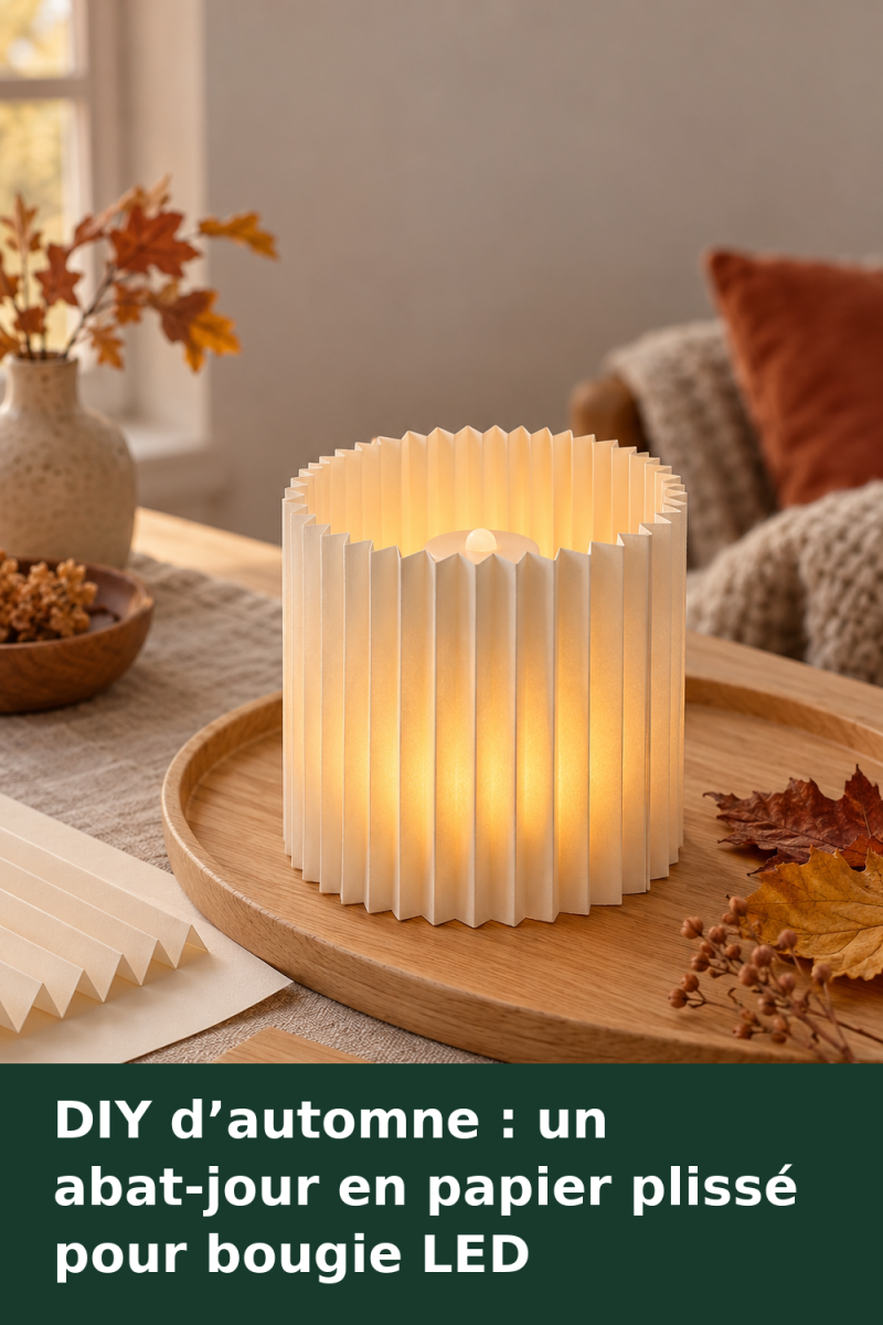 Abat-jour cylindrique en papier ivoire plissé entourant une petite bougie LED sur un plateau, près de feuilles d’automne