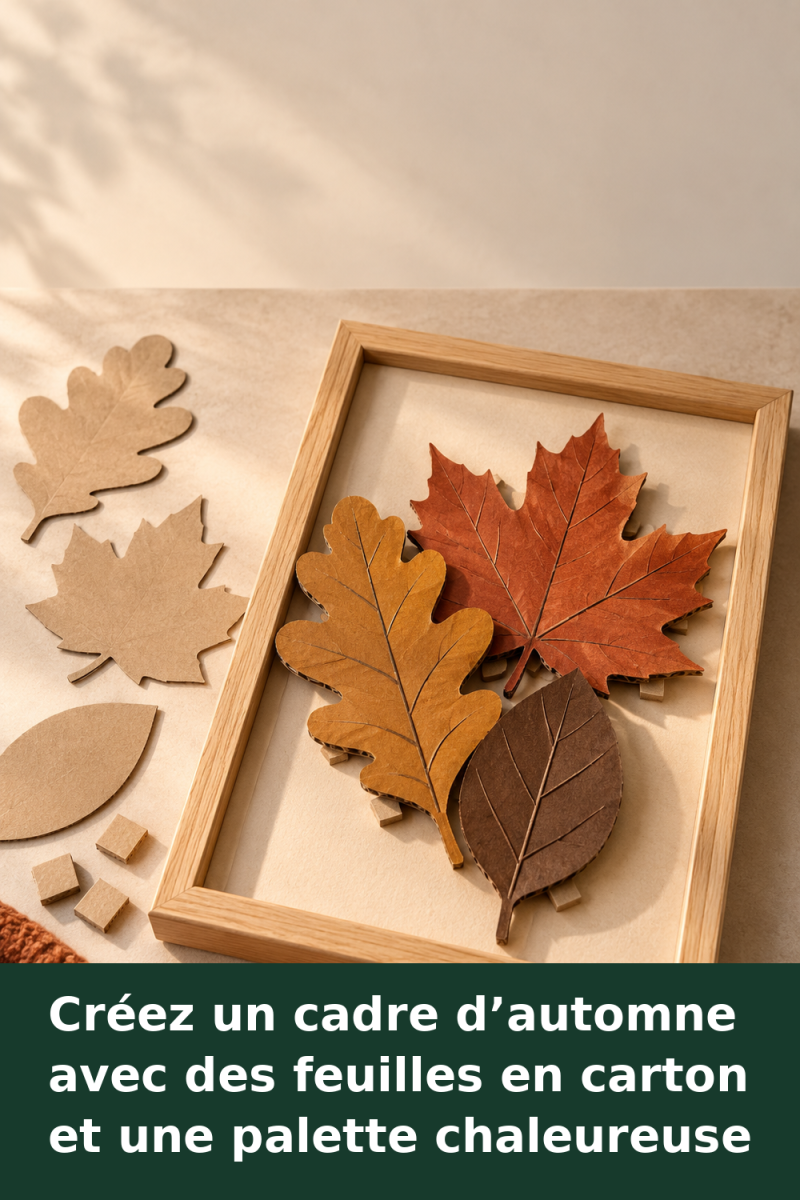 Tableau d’automne composé de feuilles en carton ocre, terre cuite et brunes, superposées en relief sur un fond beige.