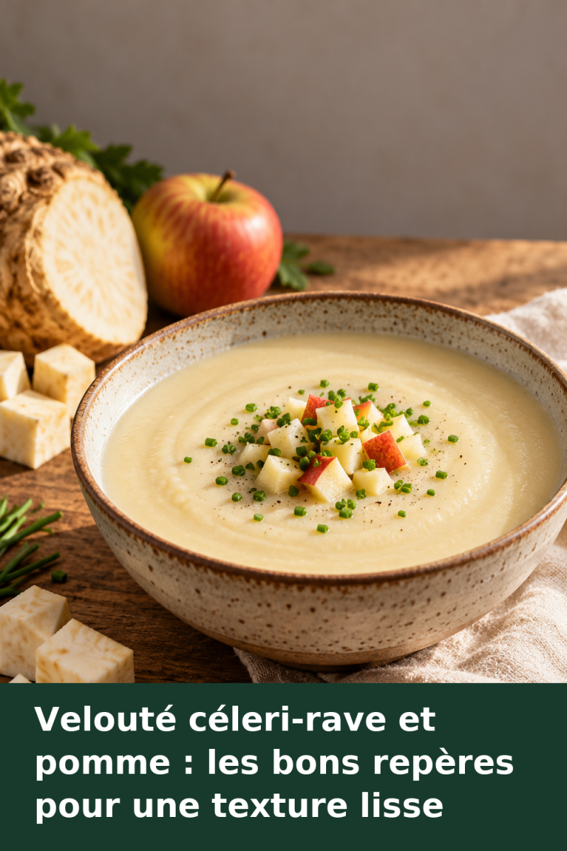 Bol de velouté de céleri-rave et pomme garni de petits dés de pomme et de ciboulette