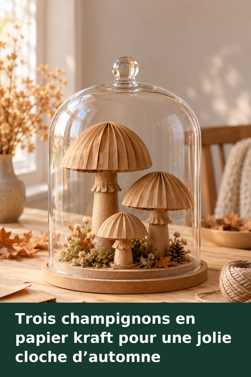 Trois champignons en papier kraft aux chapeaux plissés, disposés sur un socle en carton sous une cloche transparente.
