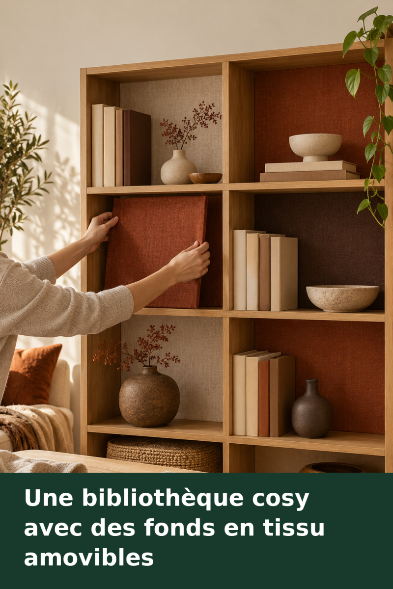 Bibliothèque en bois aux niches habillées de tissu rouille, beige et brun, avec des livres et des objets en céramique.