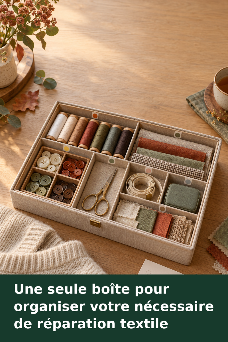 Boîte de réparation textile compartimentée avec fils, boutons, pièces de tissu, fiche de suivi et étui à aiguilles fermé