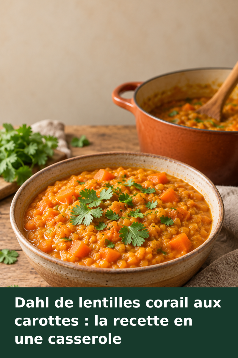 Bol de dahl de lentilles corail aux carottes, à la texture épaisse et à la couleur orangée, garni de coriandre