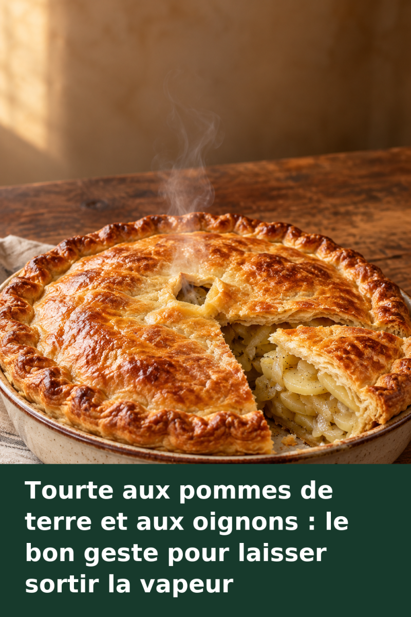 Tourte dorée aux pommes de terre et aux oignons, avec une ouverture centrale dans la pâte