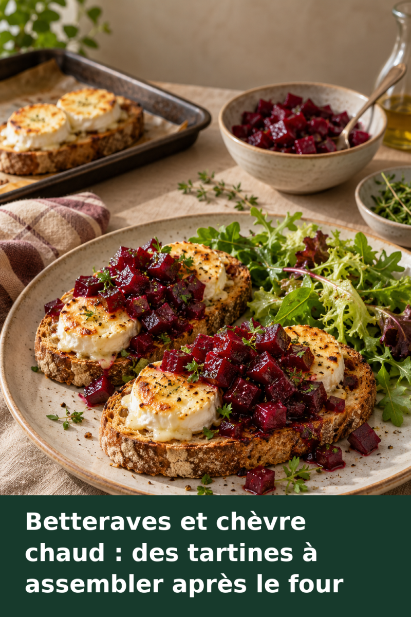Tartines de pain doré garnies de chèvre chaud et de dés de betterave, accompagnées de salade verte