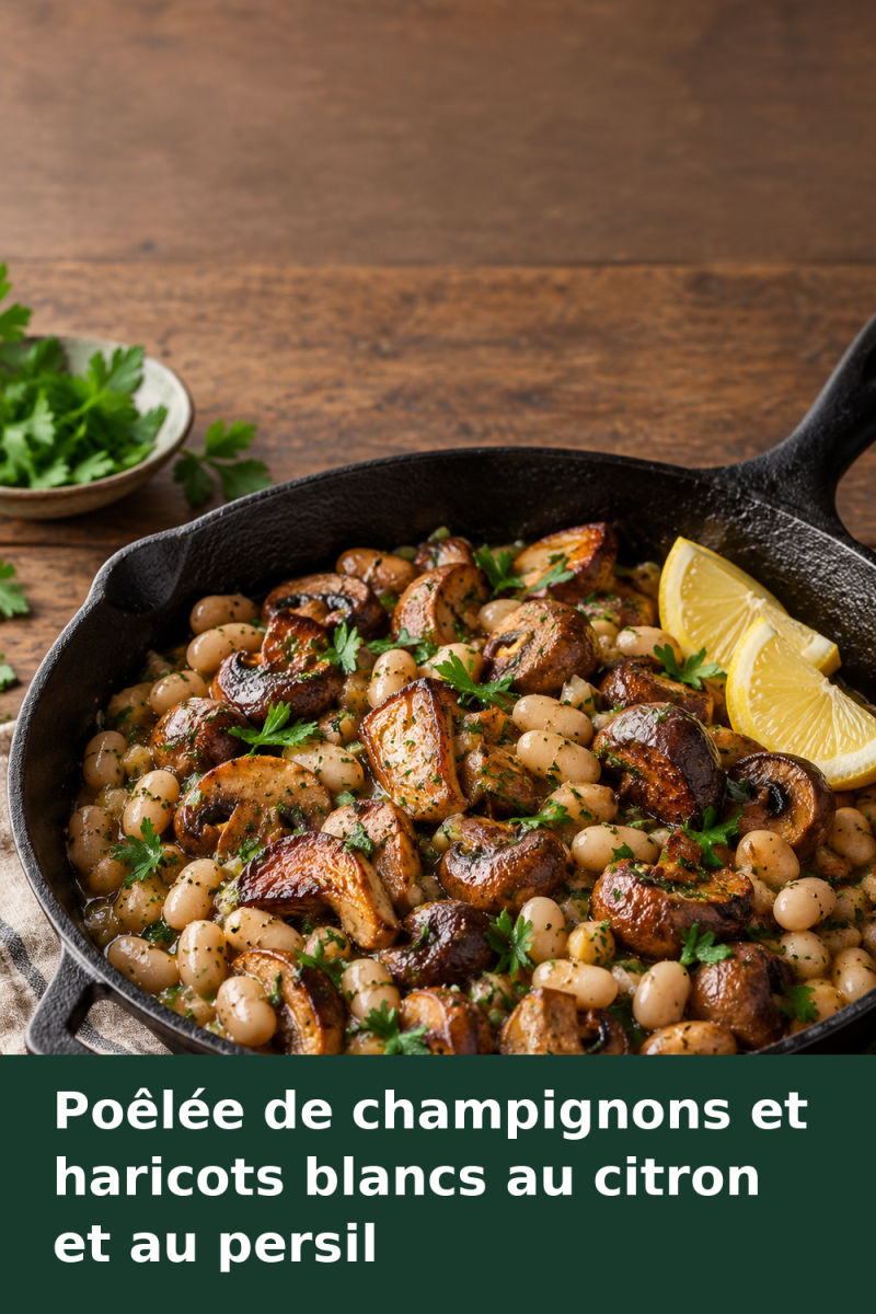 Poêlée de champignons dorés et de haricots blancs, parsemée de persil haché et accompagnée de quartiers de citron.