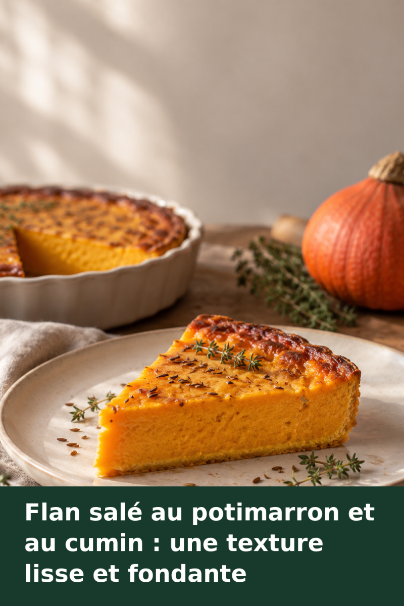 Part de flan salé au potimarron et au cumin, à la texture orangée, servie sur une assiette