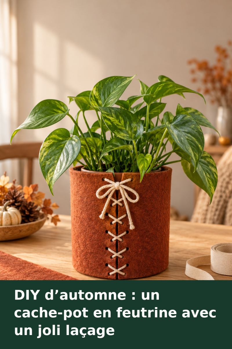 Cache-pot en feutrine couleur rouille, fermé par un laçage écru croisé sur le devant et entourant une plante verte.
