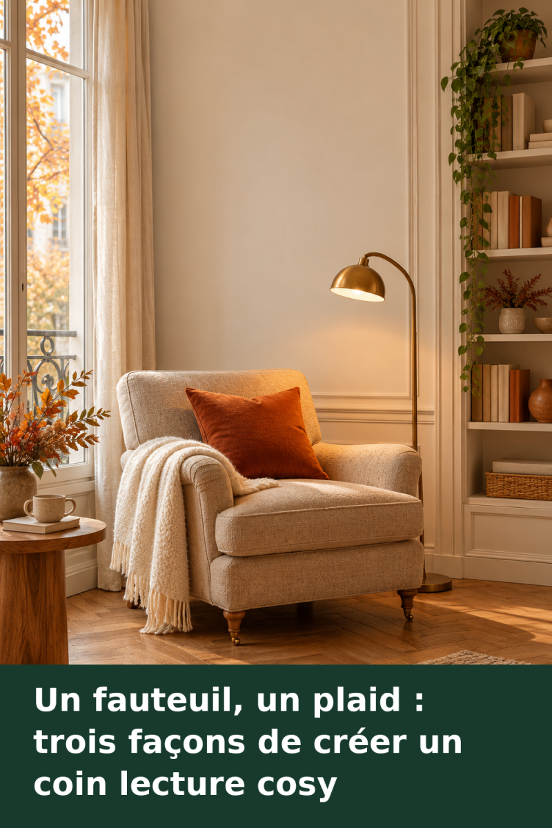 Fauteuil près d’une fenêtre avec un coussin au dossier, un plaid sur l’accoudoir et une lampe sur le côté