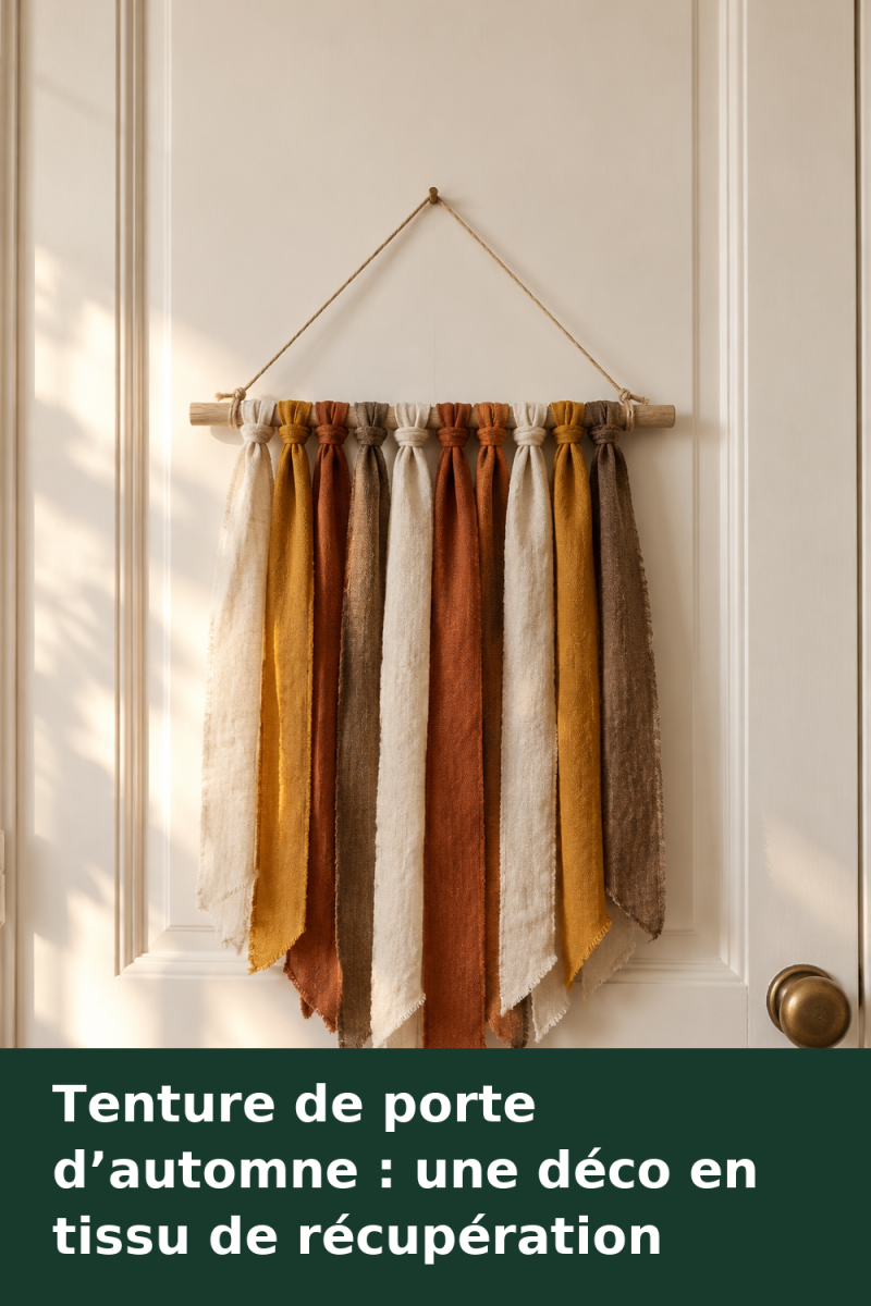 Petite tenture sur baguette en bois, composée de bandes de tissu écru, ocre, rouille et brun, nouées et taillées en pointe douce sur une porte.