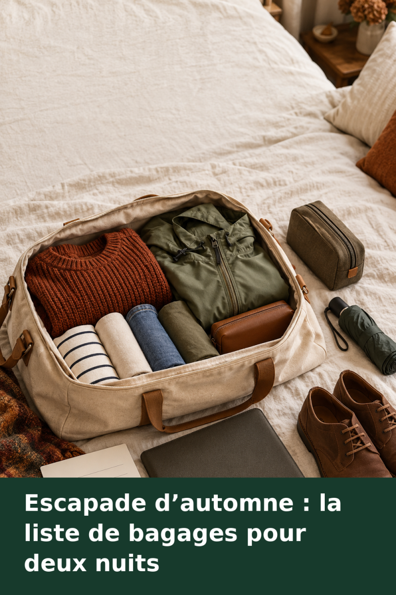 Sac de voyage ouvert avec un pull, une veste de pluie, des vêtements roulés et une liste de bagages à cocher