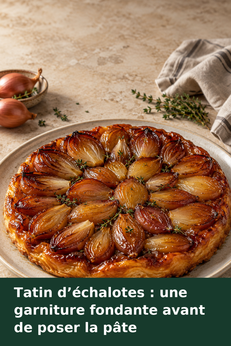 Tatin d’échalotes démoulée, avec des demi-échalotes dorées disposées en rosace sur une pâte feuilletée