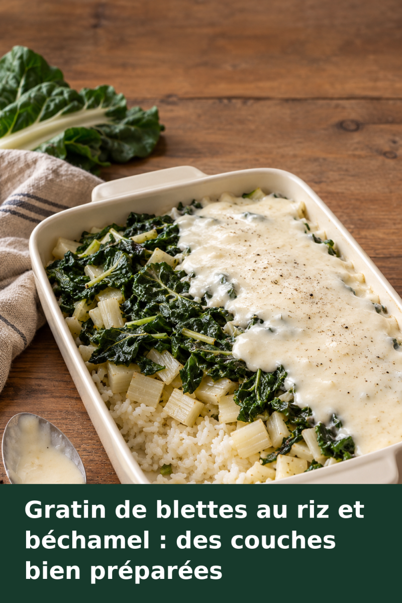 Gratin de blettes avant cuisson, avec des couches visibles de riz, de côtes blanches et de feuilles vertes, partiellement nappées de béchamel.