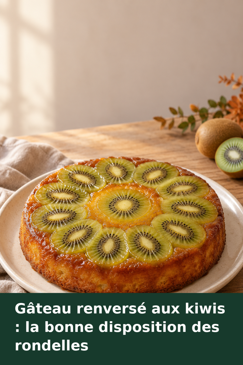 Gâteau renversé aux kiwis sur un plat, avec des rondelles disposées en couronne et au centre en une seule couche