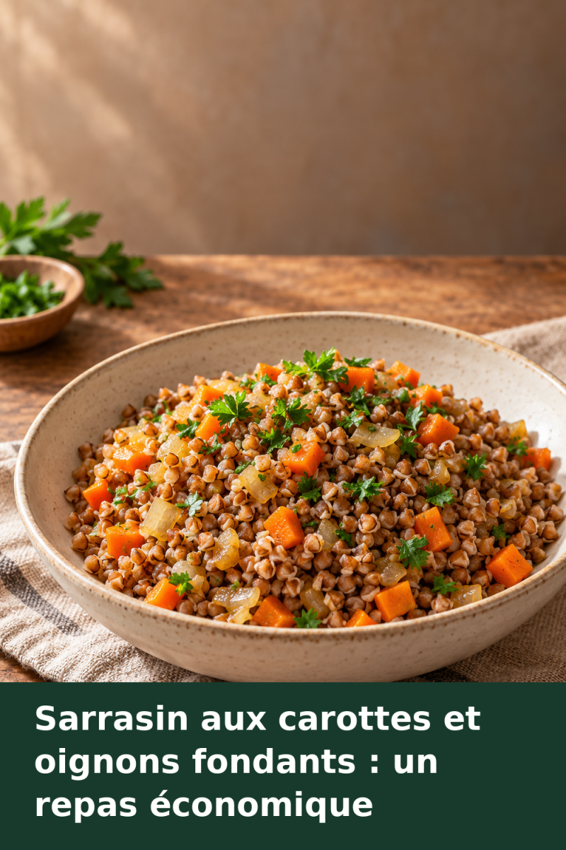 Assiette de sarrasin aux petits dés de carottes et aux oignons fondants, parsemée de persil