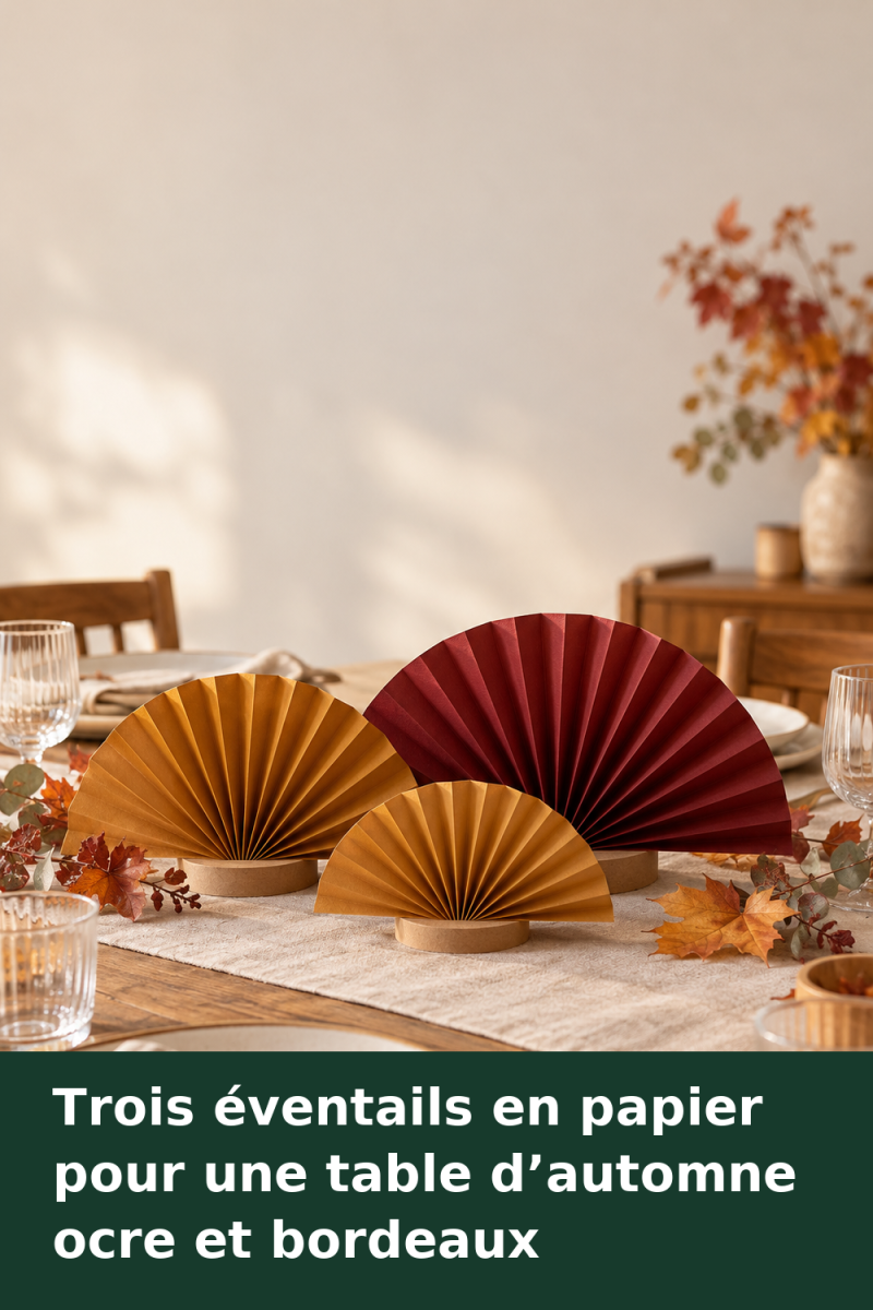 Trois éventails bas en papier plié ocre et bordeaux, posés sur des socles en carton au centre d’une table d’automne.