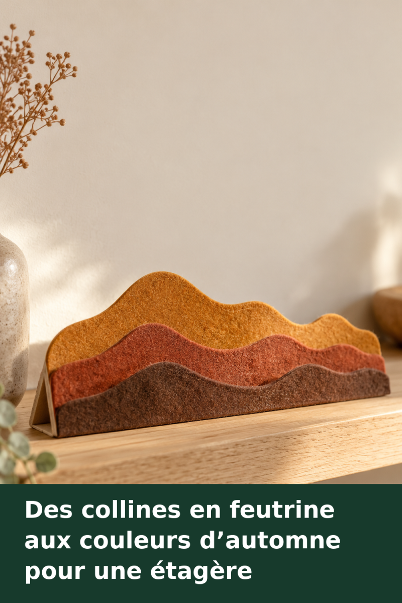Frise de trois collines en feutrine ocre, terre cuite et brune, superposées sur une base en carton pliée posée sur une étagère.