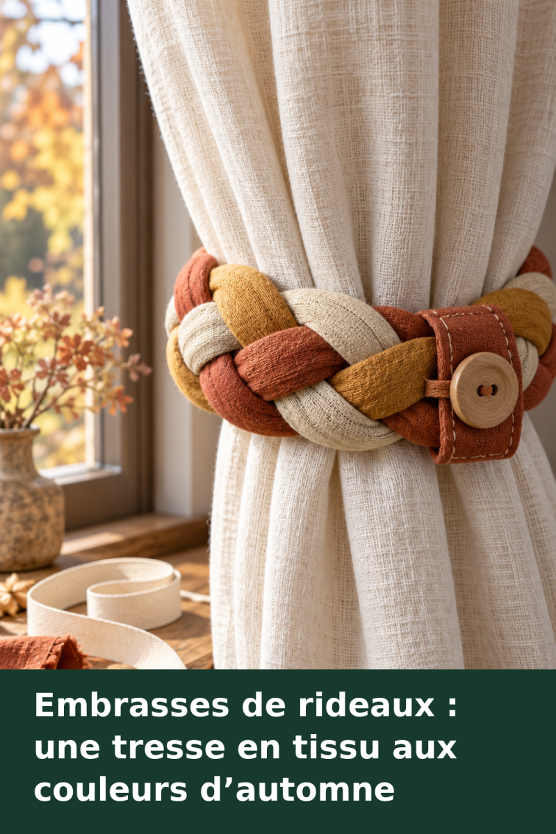 Embrasse faite de trois bandes de coton terracotta, ocre et beige tressées autour d’un rideau, avec bouton et bride en tissu.