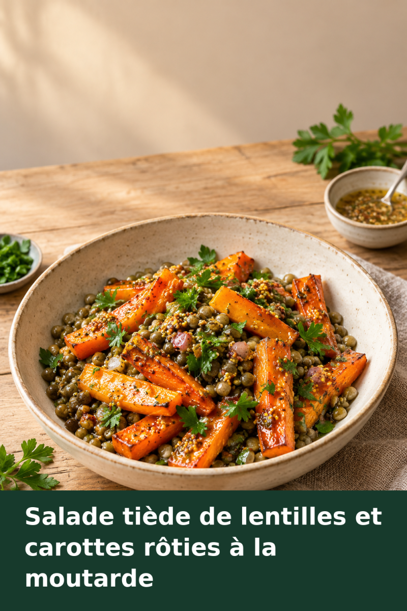 Salade de lentilles et de carottes rôties, garnie de persil et nappée de vinaigrette moutardée