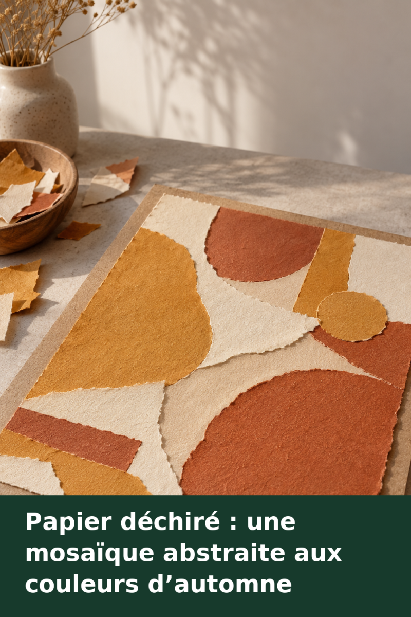 Vue rapprochée d’une mosaïque abstraite sur carton, avec des papiers écrus, ocre et terracotta aux bords déchirés et fibreux.