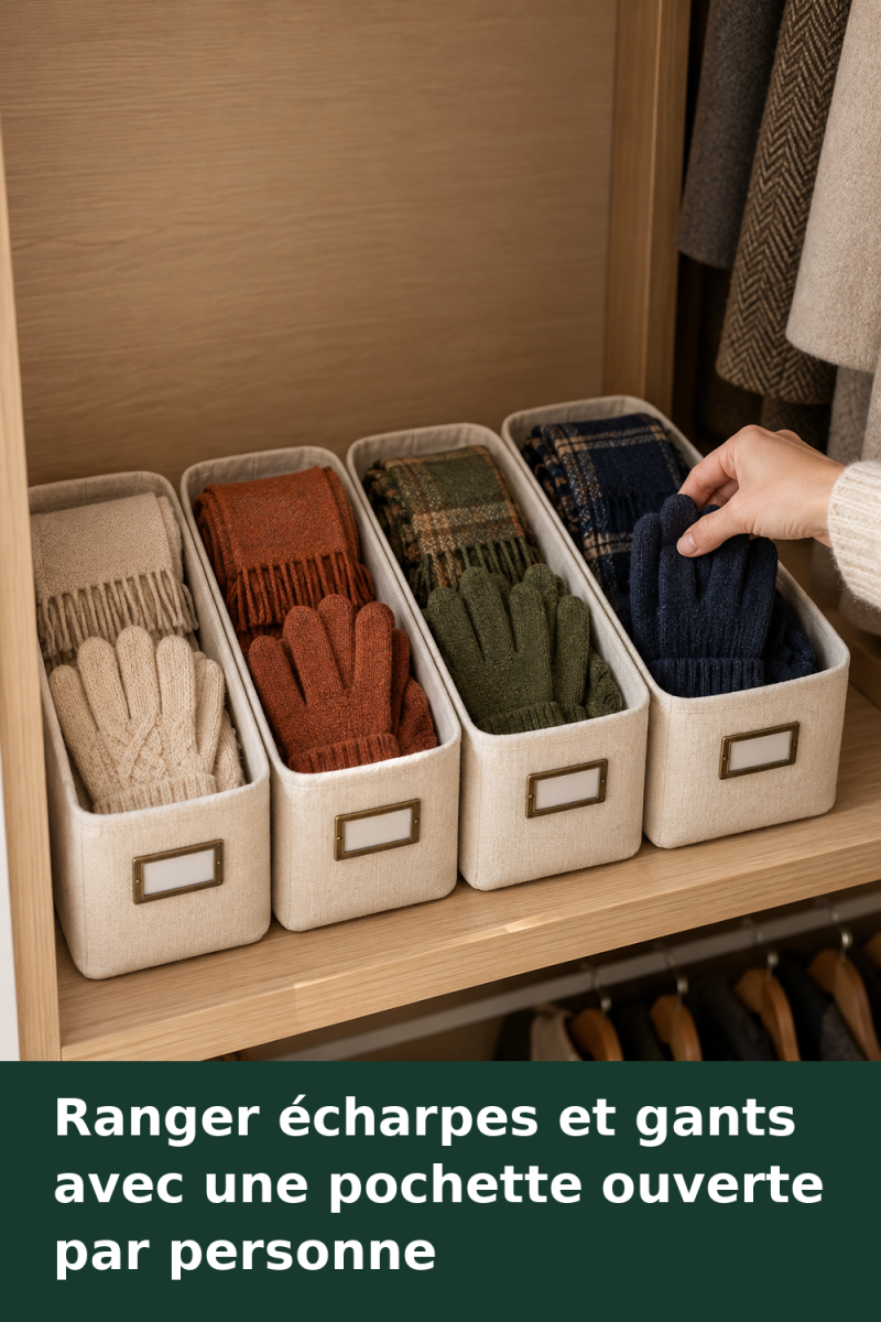 Pochettes ouvertes étiquetées par prénom, contenant chacune des gants et une écharpe sur une étagère de placard