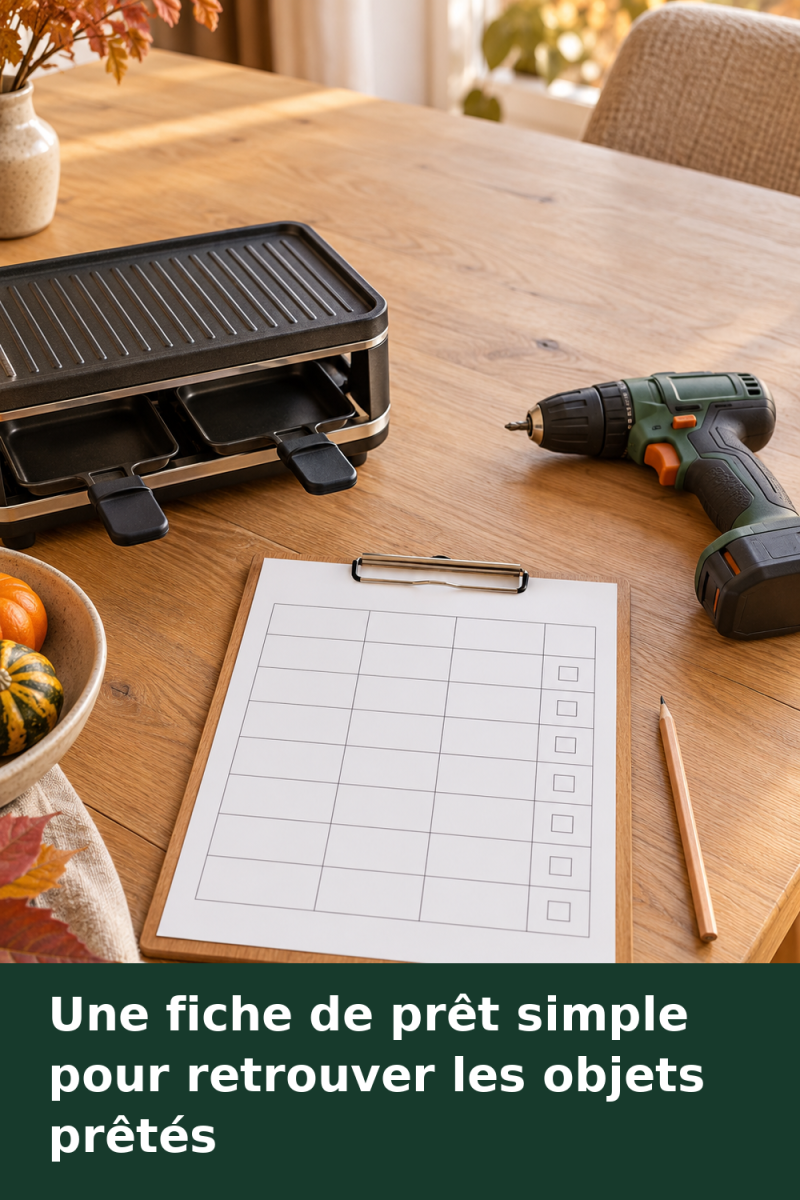 Fiche de prêt avec cases à remplir posée sur une table près d’un appareil à raclette et d’une perceuse