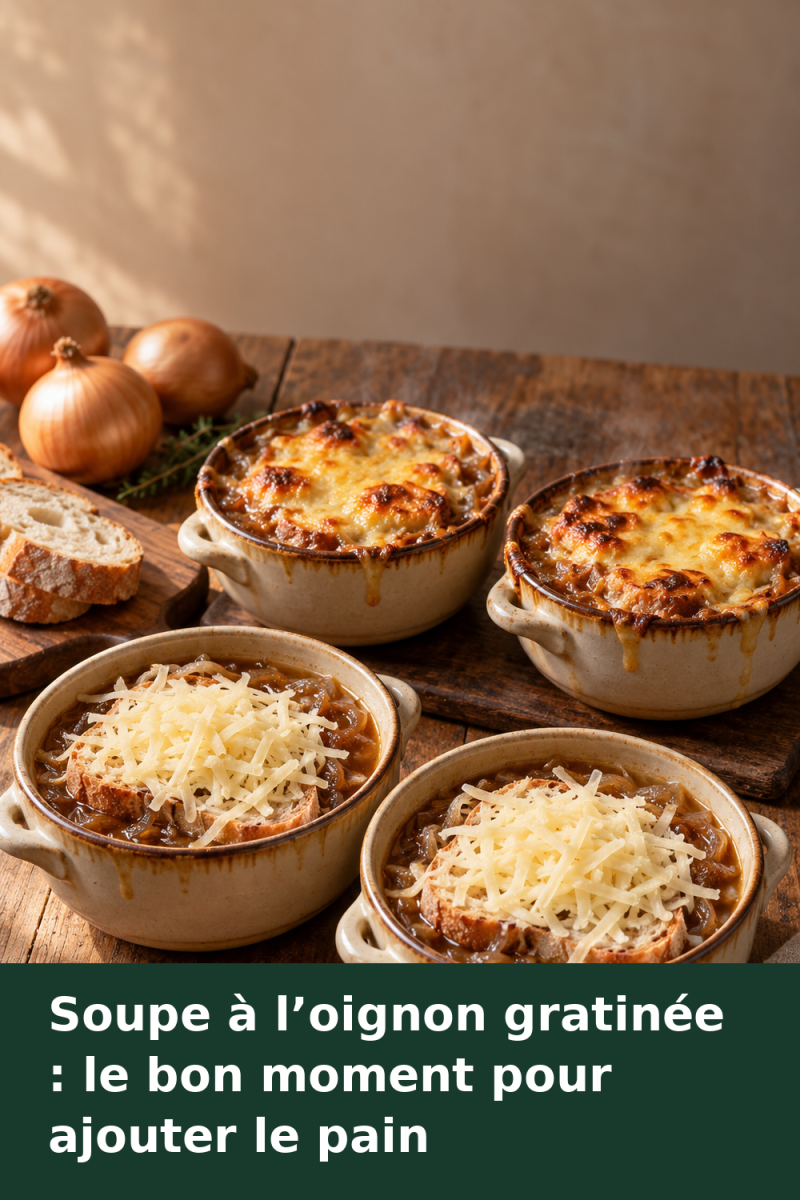 Bols de soupe à l’oignon garnis de pain et de fromage râpé avant cuisson, puis dorés après gratinage.