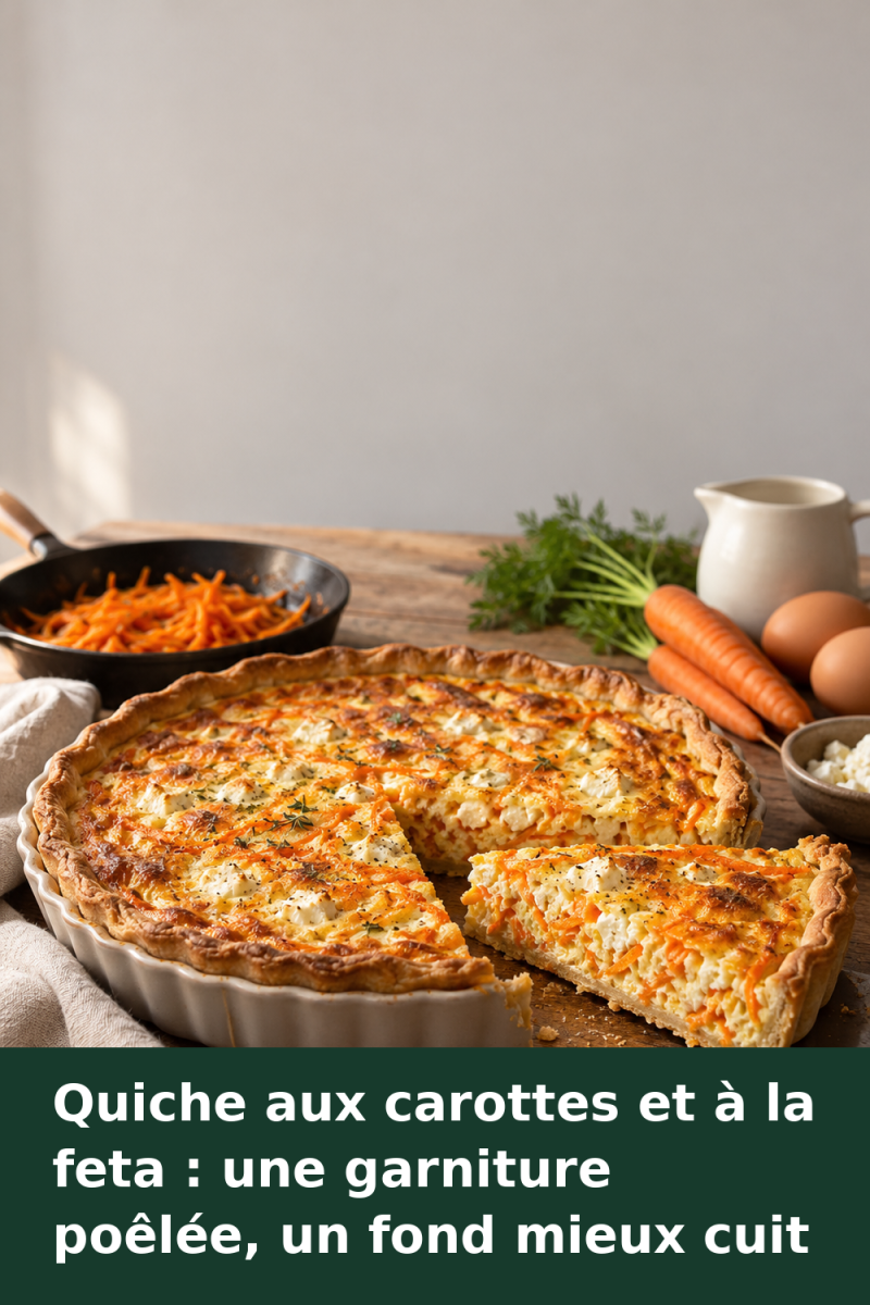 Quiche dorée aux carottes râpées et à la feta dans un moule, avec une part découpée