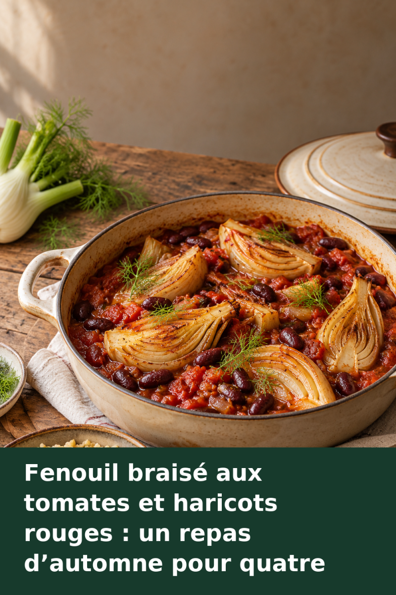 Quartiers de fenouil braisés dans une sauce tomate aux haricots rouges, servis avec du boulgour