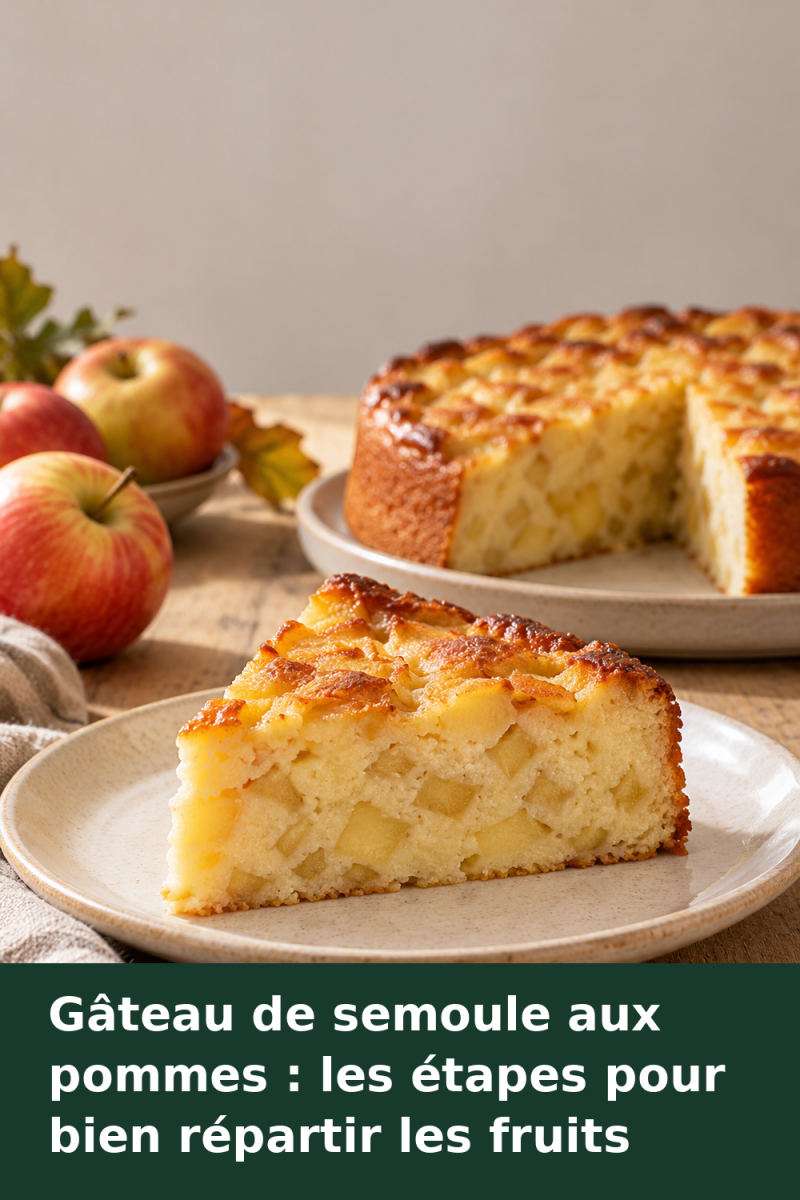 Part de gâteau de semoule aux pommes laissant apparaître des dés de fruits répartis dans la semoule