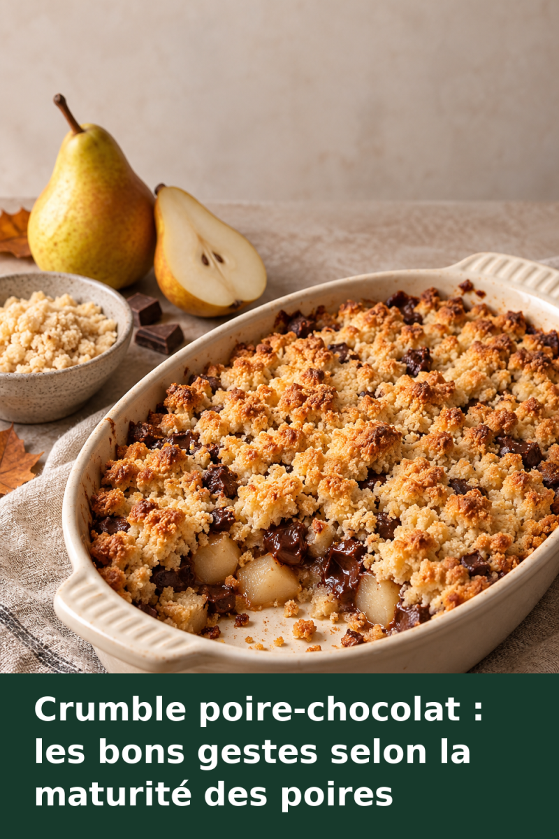 Crumble poire-chocolat dans un plat à gratin, avec une croûte dorée et des morceaux de poire visibles
