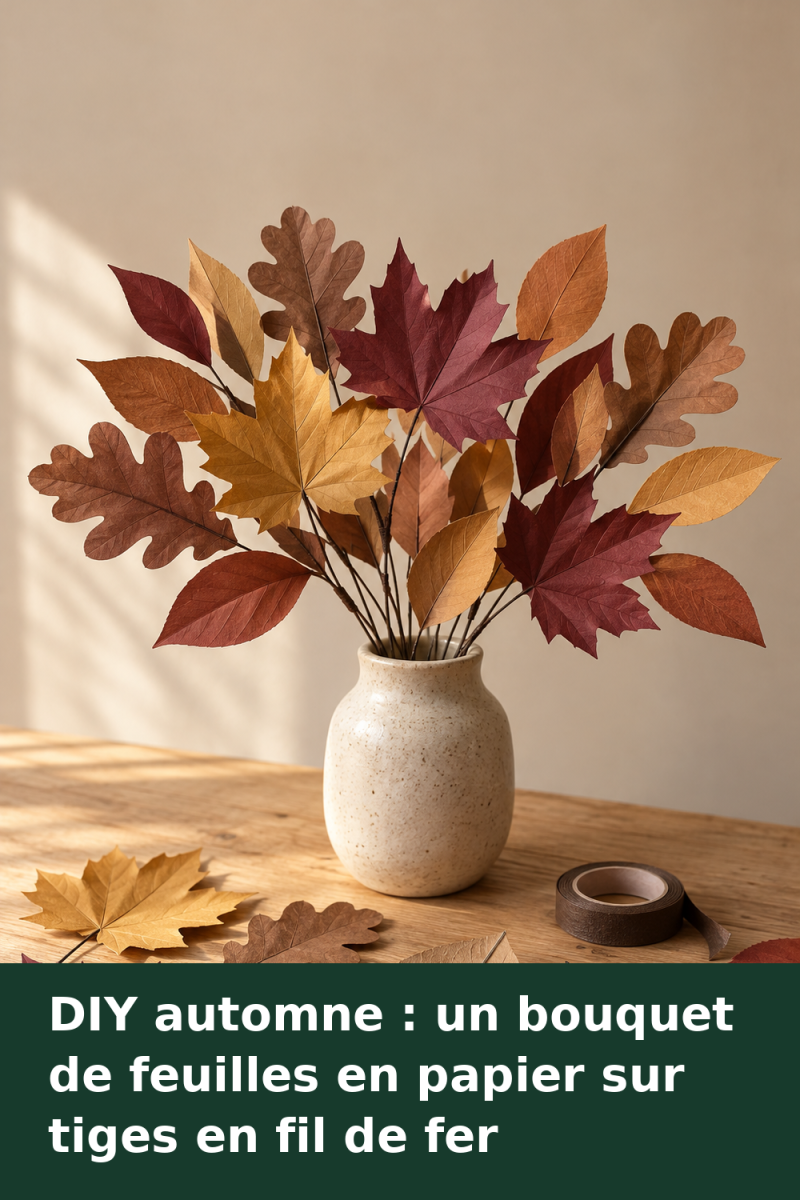 Bouquet de feuilles en papier ocre, brun et bordeaux sur des tiges fines, disposé en éventail dans un vase.