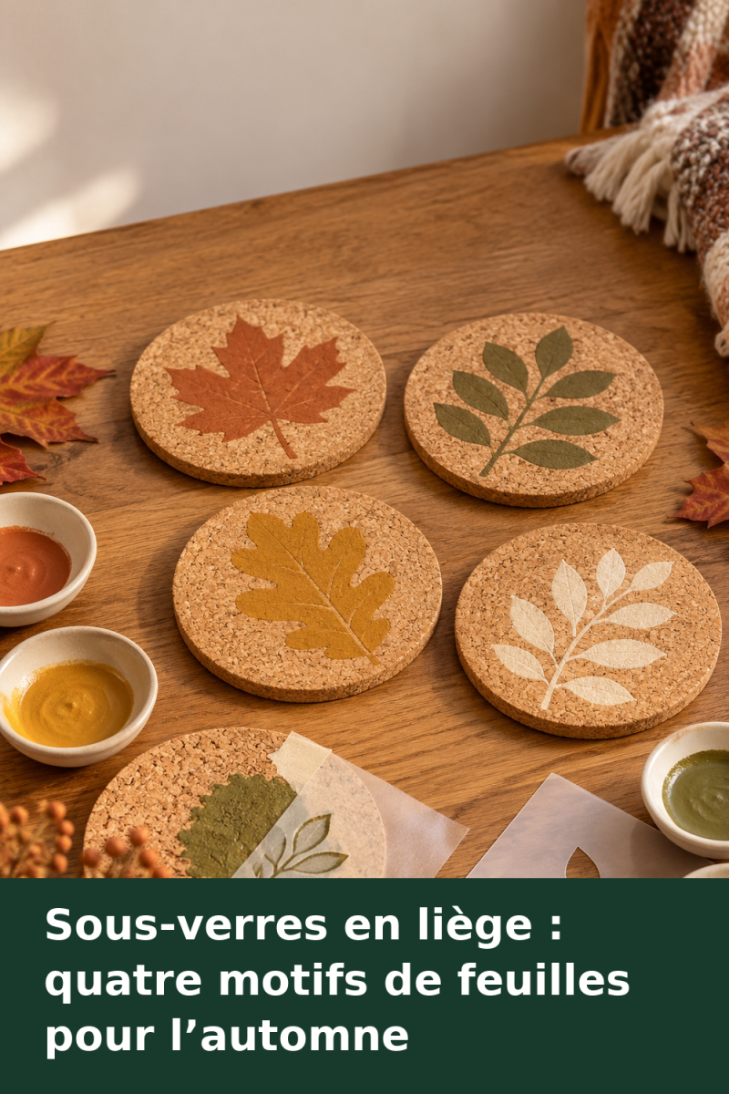 Quatre sous-verres en liège ornés de feuilles ocre, terre cuite, olive et crème sur une table basse d’automne.