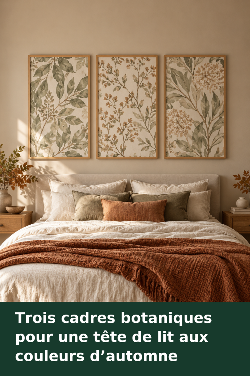 Trois cadres en bois clair contenant des motifs botaniques vert sauge et brun surplombent un lit au linge écru et au plaid terracotta.
