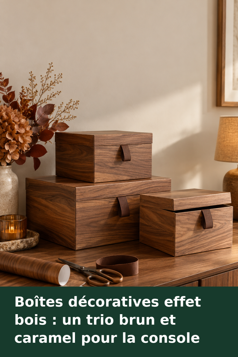 Trois boîtes rigides habillées de papier effet bois brun et caramel, avec poignées en ruban, disposées sur une console.