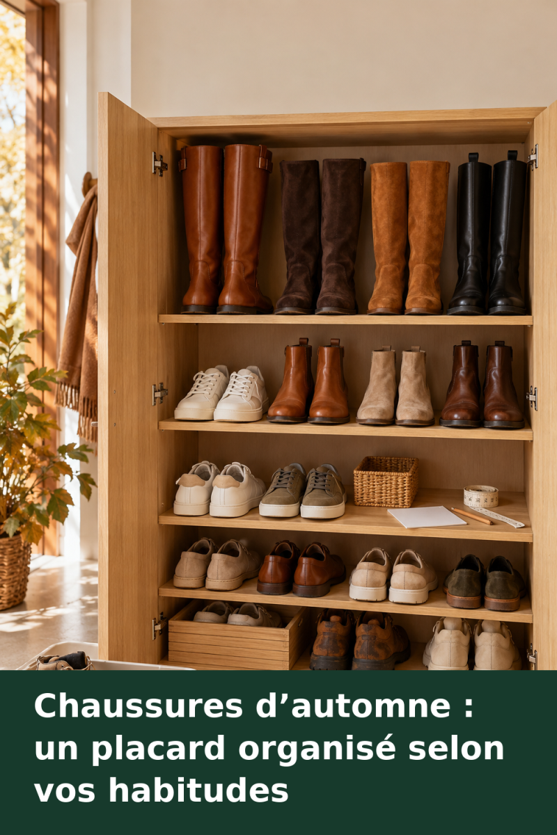 Placard à chaussures avec baskets et bottines accessibles, bottes sur une étagère haute et bac séparé pour les paires à nettoyer