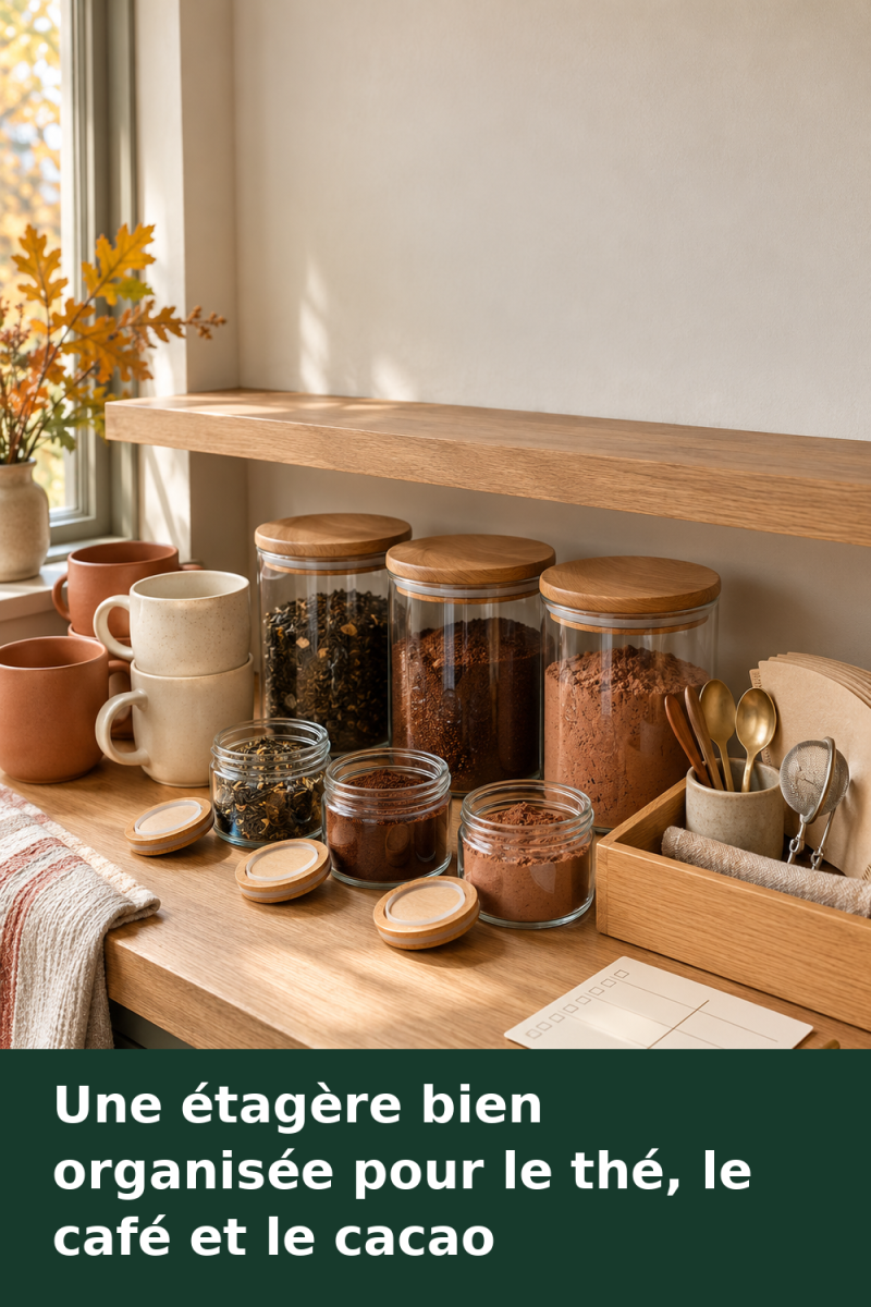 Étagère de cuisine avec thé, café et cacao ouverts devant leurs réserves, tasses regroupées et bac amovible pour les accessoires.