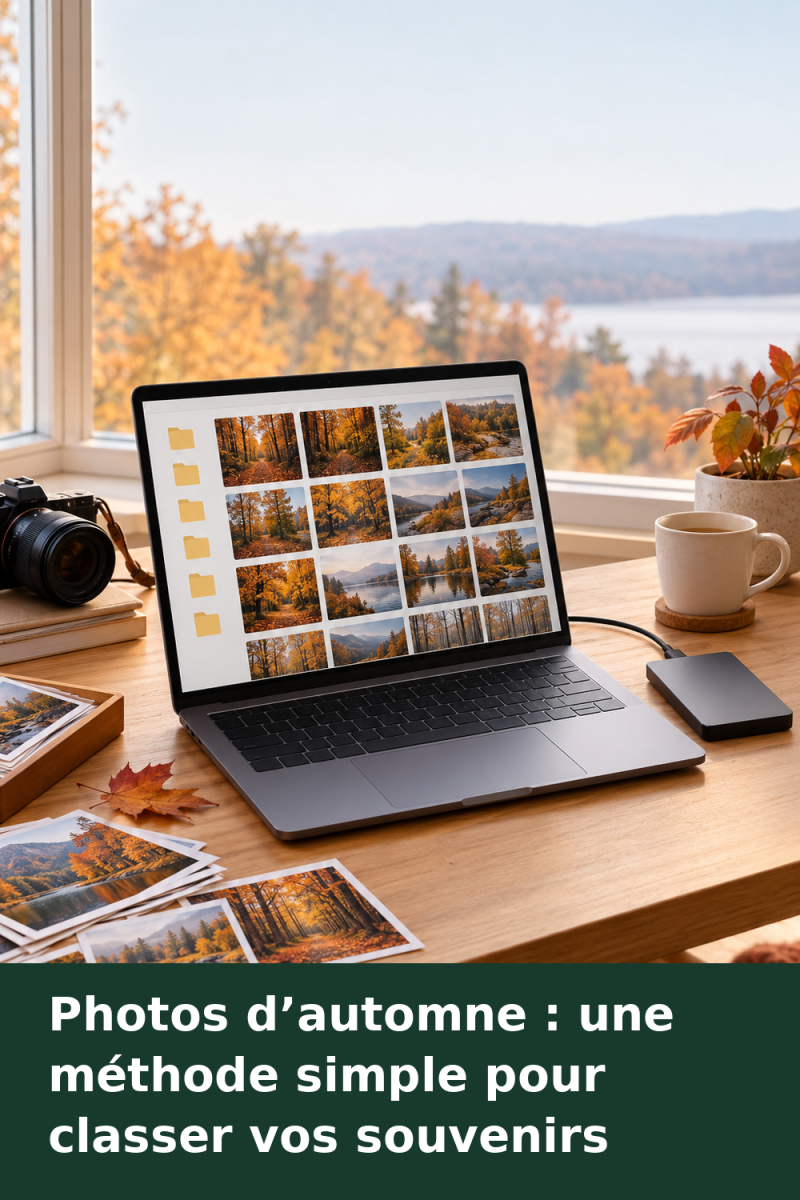 Ordinateur affichant des dossiers de photos datés, avec des aperçus de forêt automnale et un disque externe